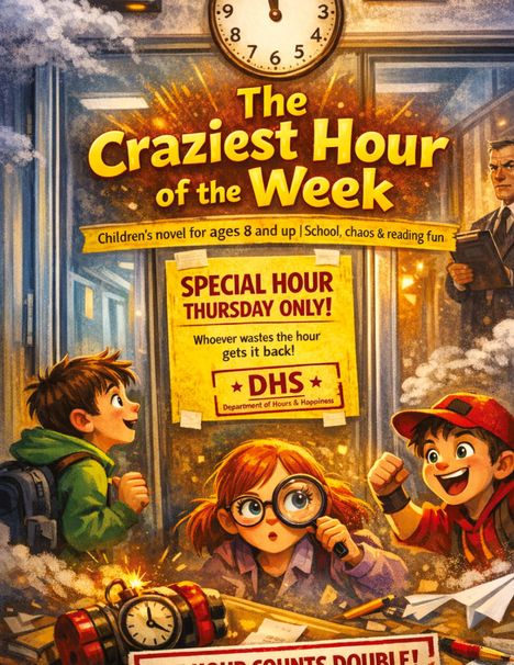 Text: "The Craziest Hour of the Week," "Special Hour Thursday Only!" Drei Kinder, ein Lehrer, eine Uhr, Detektivspiel.