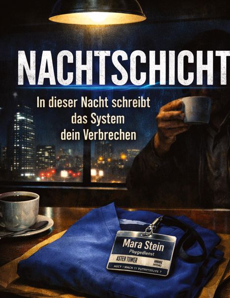 "NACHTSCHICHT. In dieser Nacht schreibt das System dein Verbrechen." Eine Lampe, Stadtlichter, Tasse, Namensschild.