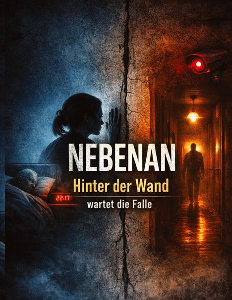 „NEBENAN: Hinter der Wand wartet die Falle.“ Eine Person lauscht an einer Risswand, links ein Schlafender, rechts ein Flur mit Kamera.