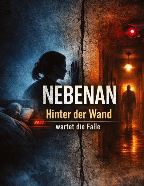 "NEBENAN - Hinter der Wand wartet die Falle." Links eine Frau an einer Wand, rechts Kamera im Flur mit Person. Uhr zeigt 22:17.