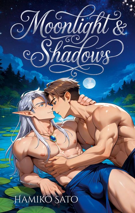 "Moonlight & Shadows" in fließender Schrift. Zwei muskulöse Männer im Wasser, einer mit Elfenohren, unter Mondschein.