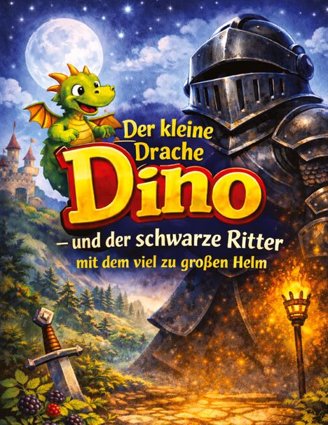 "Der kleine Drache Dino und der schwarze Ritter mit dem viel zu großen Helm." Ein Drache auf dem Ritter in nächtlicher Szenerie.