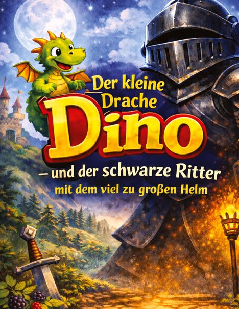 „Der kleine Drache Dino und der schwarze Ritter mit dem viel zu großen Helm“. Illustration: Drache, Ritter, Mond, Burg.