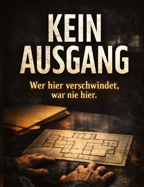 "KEIN AUSGANG. Wer hier verschwindet, war nie hier." Zwei Hände halten einen Bauplan auf einem Tisch.