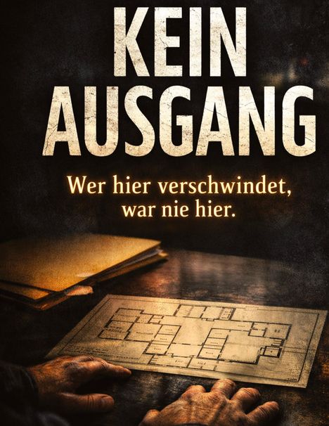 Text: "KEIN AUSGANG. Wer hier verschwindet, war nie hier." Dunkler Raum, Hände halten einen Gebäudeplan.