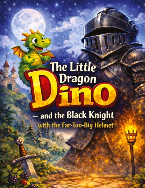 "The Little Dragon Dino and the Black Knight with the Far-Too-Big Helmet." Illustration: Grüner Drache, Ritter in Rüstung.