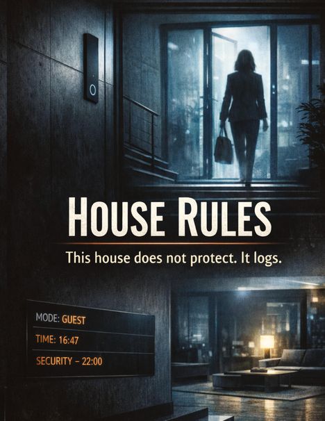 „HOUSE RULES: This house does not protect. It logs.“ Frau mit Tasche betritt modernes Gebäude; Schild zeigt "MODE: GUEST".