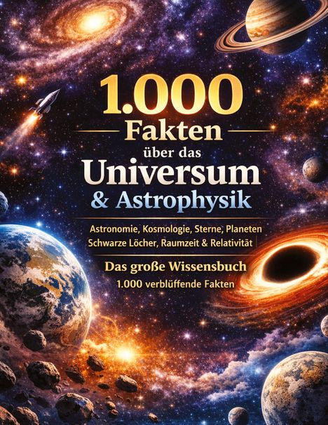 Text: "1.000 Fakten über das Universum & Astrophysik" und "Das große Wissensbuch". Illustration mit Planeten und Galaxien.