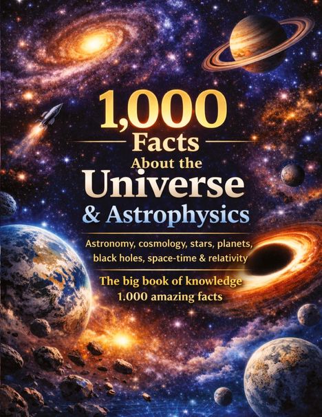 "1,000 Facts About the Universe & Astrophysics" mit Planeten, Galaxien und einem schwarzen Loch im Hintergrund.