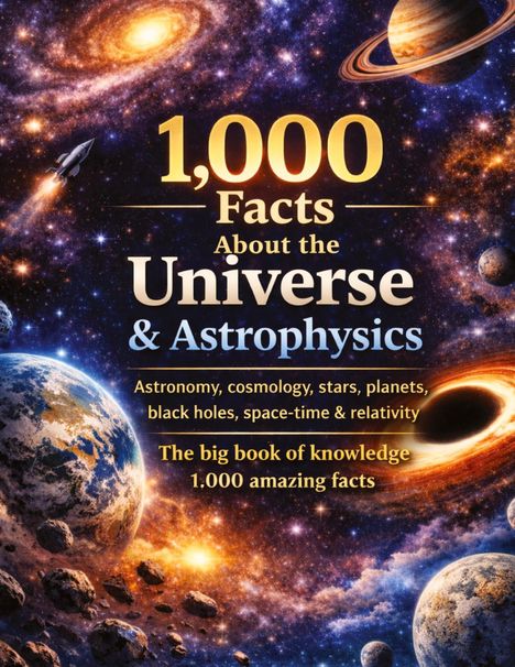 Text: "1,000 Facts About the Universe & Astrophysics". Illustration von Planeten, Asteroiden, Galaxien und einem schwarzen Loch.
