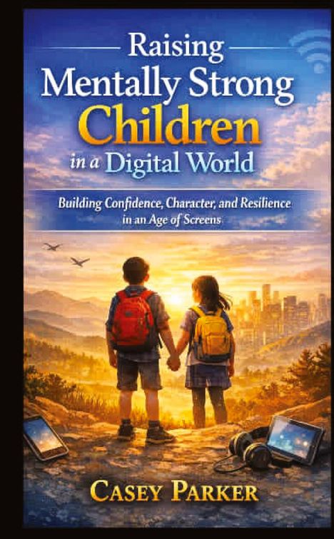 Text: "Raising Mentally Strong Children in a Digital World" - Verlagstext über zwei Kinder, die sich an den Händen halten, vor einer Stadt.