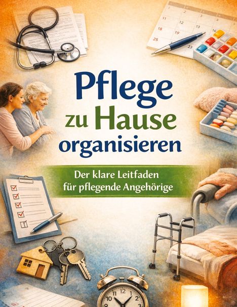 "Pflege zu Hause organisieren. Der klare Leitfaden für pflegende Angehörige." Oben ein Stethoskop, unten Symbole.
