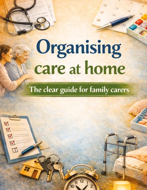 „Organising care at home. The clear guide for family carers.“ Illustration mit Pflegeartikeln und älteren Personen.