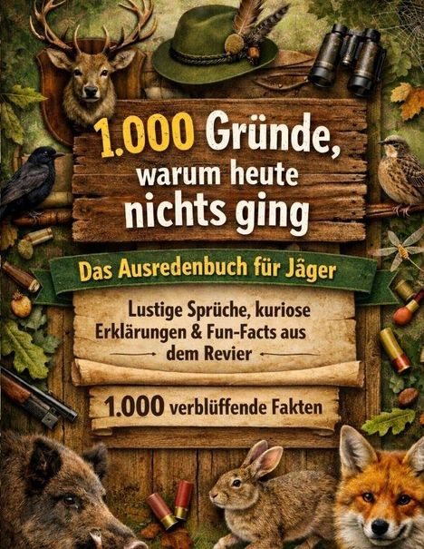 1.000 Gründe, warum heute nichts ging. Jagdthemen mit Tieren, Hut und Fernglas auf einem rustikalen Hintergrund.