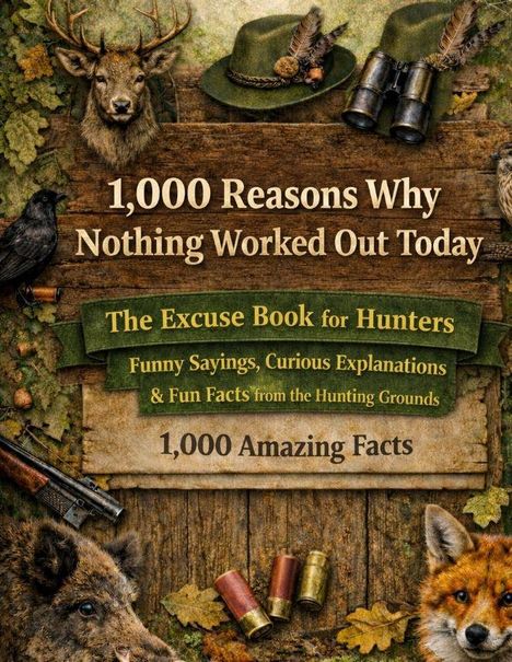 Text: "1,000 Reasons Why Nothing Worked Out Today", "The Excuse Book for Hunters", "1,000 Amazing Facts". Ein illustratives Jagdmotiv mit Tieren, Gewehr, Fernglas und Jagdhut.