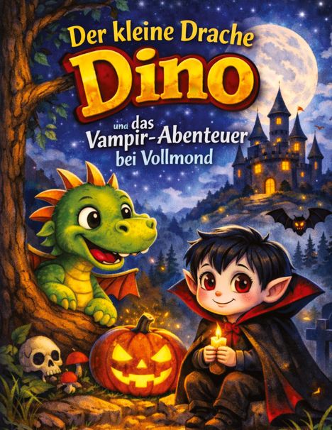„Der kleine Drache Dino und das Vampir-Abenteuer bei Vollmond“ zeigt Dino und Vampirkind mit Kürbis, Burg und Mond.