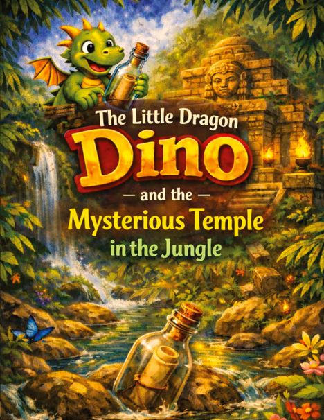 "The Little Dragon Dino and the Mysterious Temple in the Jungle"; Illustration eines grünen Drachens mit Flasche im Dschungel.