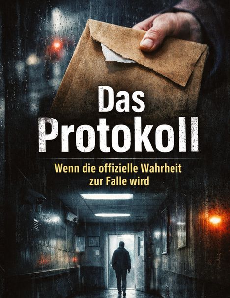 „Das Protokoll. Wenn die offizielle Wahrheit zur Falle wird.“ Dunkler Flur, Person im Hintergrund, geheimnisvolle Atmosphäre.