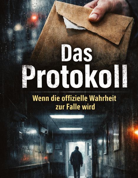 Text: "Das Protokoll. Wenn die offizielle Wahrheit zur Falle wird." 
Eine Hand hält einen Umschlag, dahinter ein düsterer Flur.