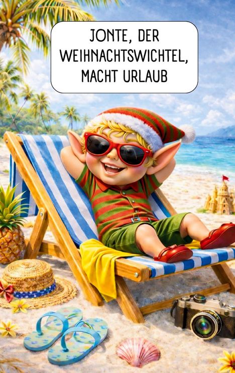 Text: "Jonte, der Weihnachtswichtel, macht Urlaub." Ein fröhlicher Wichtel in Weihnachtskleidung entspannt am Strand.
