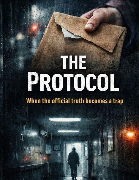 „THE PROTOCOL: When the official truth becomes a trap.“ Ein Umschlag wird festgehalten, darunter ein dunkler Flur mit einer Person.