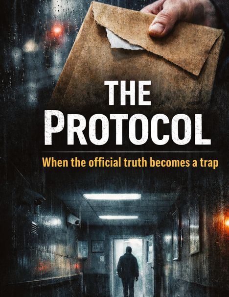 "The Protocol. When the official truth becomes a trap." Eine Person mit Umschlag in der Hand vor einem düsteren Korridor.