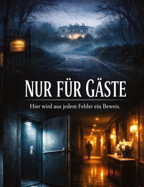 "Nur für Gäste. Hier wird aus jedem Fehler ein Beweis." Abenddämmerung, Villa auf Hügel, dunkler Eingang, langer Korridor.