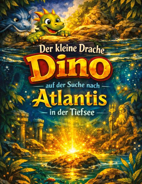 Text: "Der kleine Drache Dino auf der Suche nach Atlantis in der Tiefsee." Illustration: Ein Drache beobachtet das Meer.