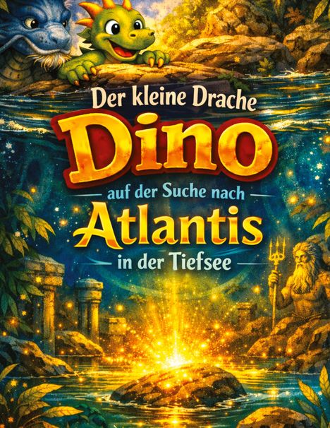 „Der kleine Drache Dino auf der Suche nach Atlantis in der Tiefsee“; Zwei Drachen schauen auf einen funkelnden See mit Ruinen.