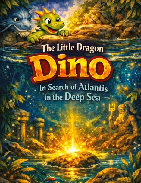 "The Little Dragon Dino In Search of Atlantis in the Deep Sea." Zwei Drachen schauen auf ein funkelndes Unterwasserreich.