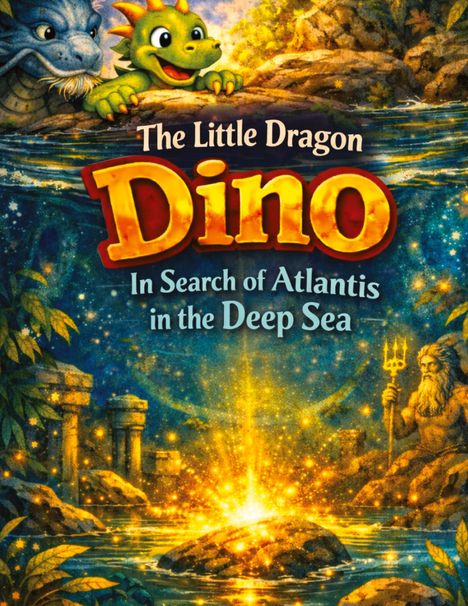 Text: "The Little Dragon Dino In Search of Atlantis in the Deep Sea". Illustration: Zwei Drachen und Atlantis-Tempel im Meer.