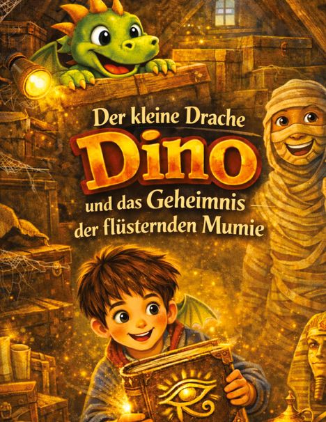 "Der kleine Drache Dino und das Geheimnis der flüsternden Mumie." Ein Junge hält ein Buch, ein Drache und eine Mumie sind zu sehen.