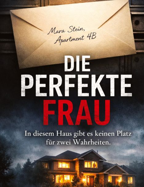 Ein Umschlag mit der Aufschrift "Mara Stein, Apartment 4B" und darunter "DIE PERFEKTE FRAU". Ein beleuchtetes Haus bei Nacht.