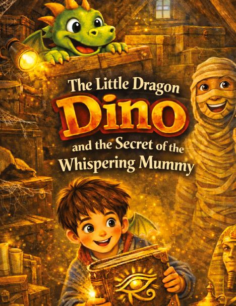 „The Little Dragon Dino and the Secret of the Whispering Mummy.“ Ein Junge, ein grüner Drache und eine Mumie in einer Schatzkammer.