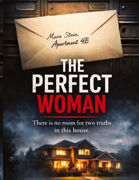Briefumschlag an "Mara Stein, Apartment 4B". Titel: THE PERFECT WOMAN. Darunter: "There is no room for two truths in this house." Darunter ein beleuchtetes Haus bei Dämmerung.