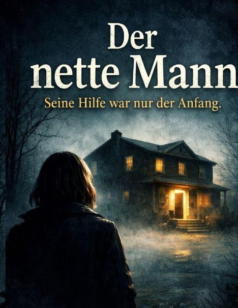 "Der nette Mann. Seine Hilfe war nur der Anfang." Eine Person blickt auf ein beleuchtetes Haus in nebliger, düsterer Umgebung.