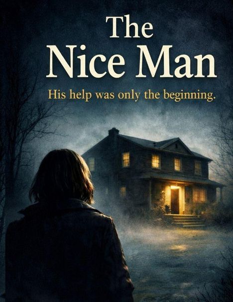 Text: "The Nice Man. His help was only the beginning."  
Eine Person steht vor einem beleuchteten Haus in nebliger Nacht.