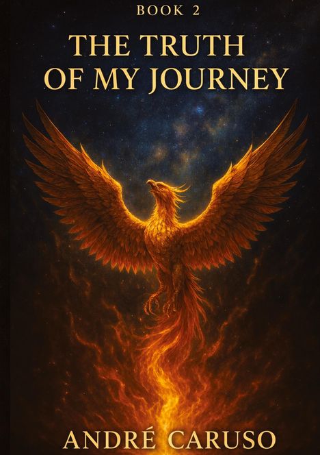 "BOOK 2: THE TRUTH OF MY JOURNEY" von André Caruso. Eine Illustration eines Phönix aus Flammen vor einem sternlosen Himmel.