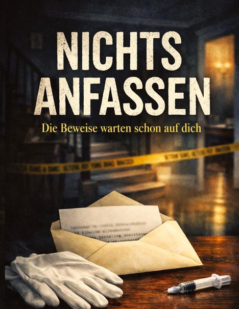 „NICHTS ANFASSEN. Die Beweise warten schon auf dich.“ Ein Kuvert, Handschuhe und Spritze vor Polizeiband.