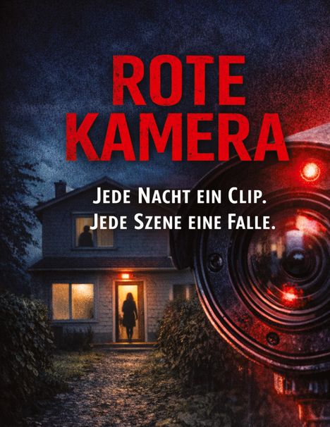 Text: "ROTE KAMERA. Jede Nacht ein Clip. Jede Szene eine Falle." Eine große Überwachungskamera vor einem beleuchteten Haus.