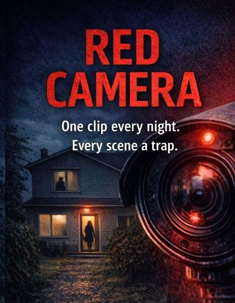 Texte: "RED CAMERA", "One clip every night. Every scene a trap." Dunkles Haus, Kameraobjektiv im Vordergrund, Person im Haus.