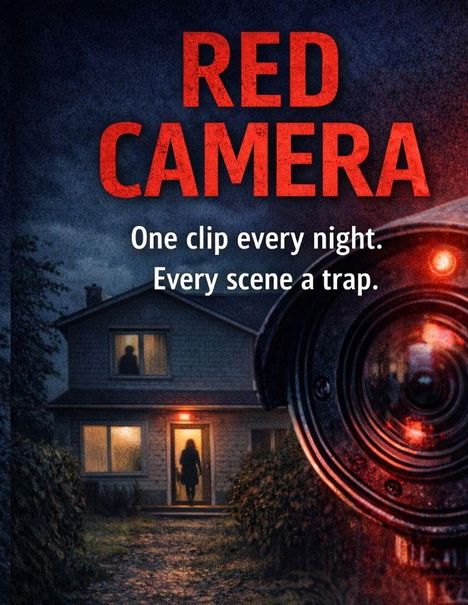 Text: "RED CAMERA. One clip every night. Every scene a trap." Haus bei Nacht, Kameraobjektiv im Vordergrund.