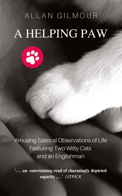 Titel: "A HELPING PAW". Ein weißer Pfotenabdruck auf einer menschlichen Hand, satirischer Inhalt über Katzen und einen Engländer.