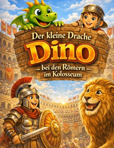 „Der kleine Drache Dino bei den Römern im Kolosseum.“ Ein grüner Drache und ein Kind im Kolosseum. Ein Römer mit Schwert und Löwe.