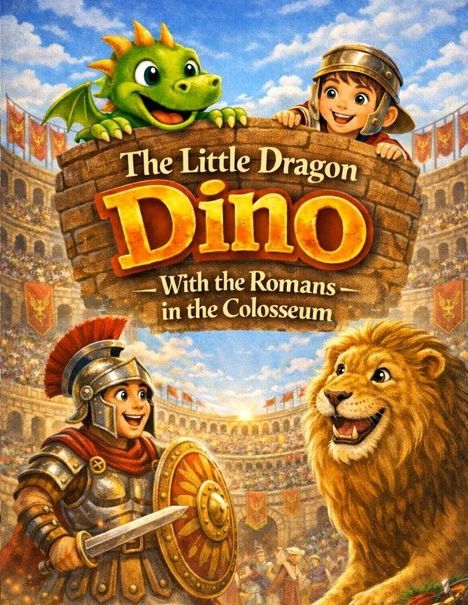 "The Little Dragon Dino With the Romans in the Colosseum" steht auf einem Schild. Ein kleiner Drache und ein Kindern halten es.