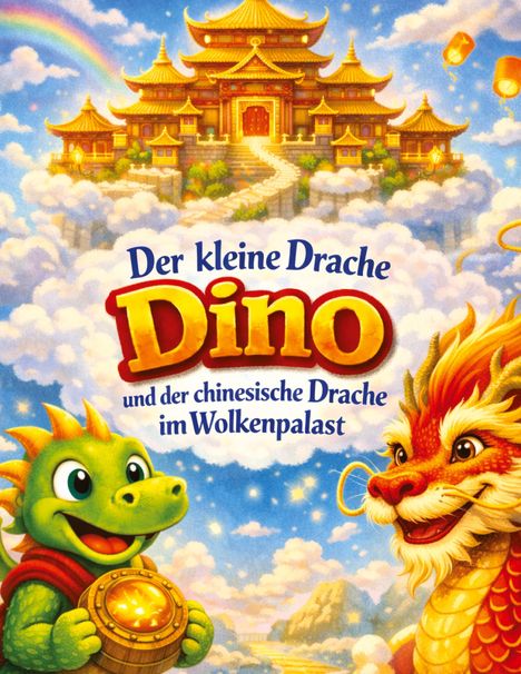 "Der kleine Drache Dino und der chinesische Drache im Wolkenpalast". Illustration mit Drachen und Wolkenpalast.