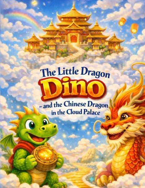 Text: „The Little Dragon Dino - and the Chinese Dragon in the Cloud Palace“. Illustration eines Palastes in Wolken mit Drachen.