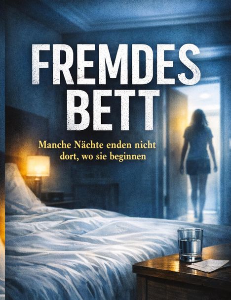 „Fremdes Bett“ und „Manche Nächte enden nicht dort, wo sie beginnen“. Ein leeres Bett, Glas Wasser, Frau im Flur.