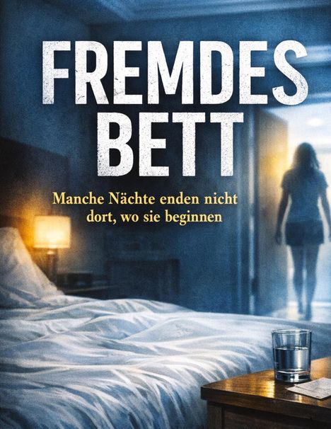 „Fremdes Bett. Manche Nächte enden nicht dort, wo sie beginnen.“ Ein Glas Wasser auf einem Nachttisch, Silhouette einer Person.
