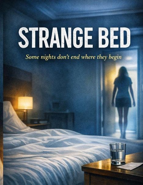 Text: "STRANGE BED" und "Some nights don't end where they begin." Schlafzimmer mit Bett, Lampe, Glas Wasser auf Nachttisch, Person im Türrahmen.